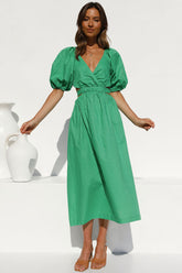 Robe mi-longue vintage à manches bouffantes et décolleté en V profond pour les vacances à la plage - Vert